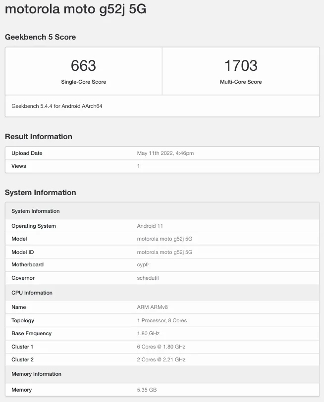 Смартфон Moto G52j 5G замечен в бенчмарке с процессором Snapdragon 695