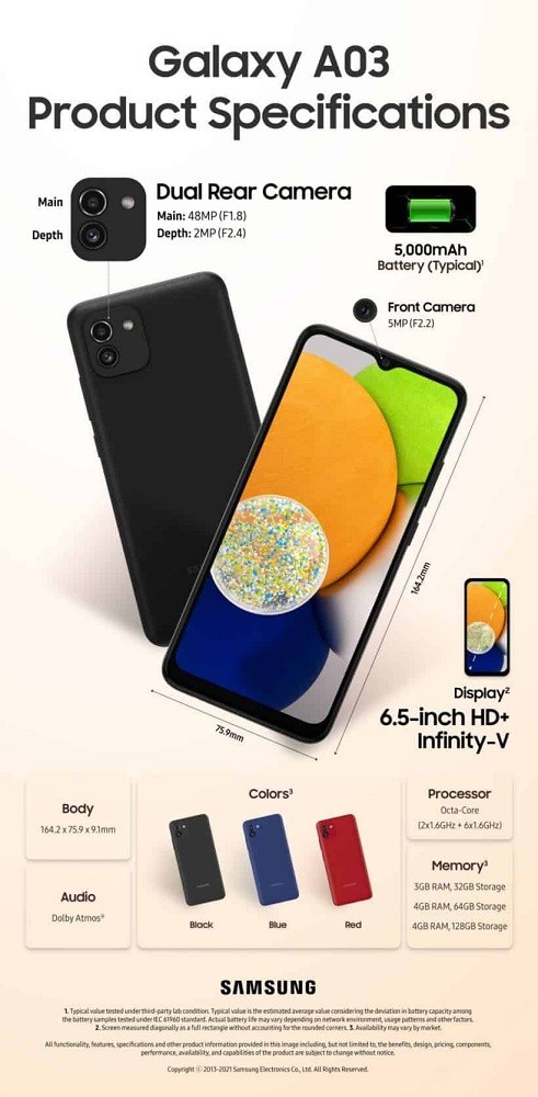 Samsung представила бюджетный смартфон Galaxy A03 с ёмкой батареей, 48-Мп камерой и Dolby Atmos