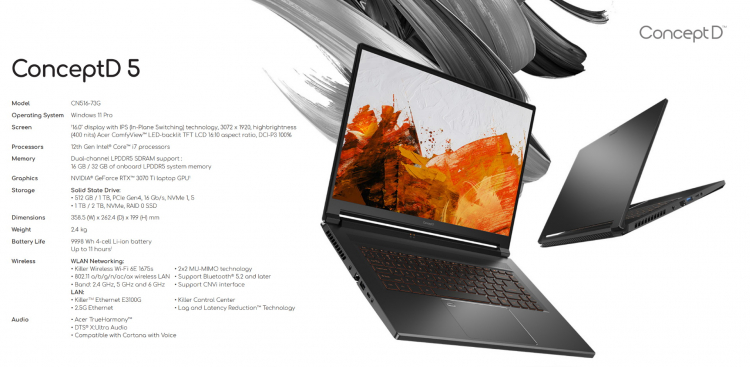 Acer представила обновлённые ноутбуки ConceptD 5 и 5 Pro: OLED-экраны, Alder Lake и графика NVIDIA