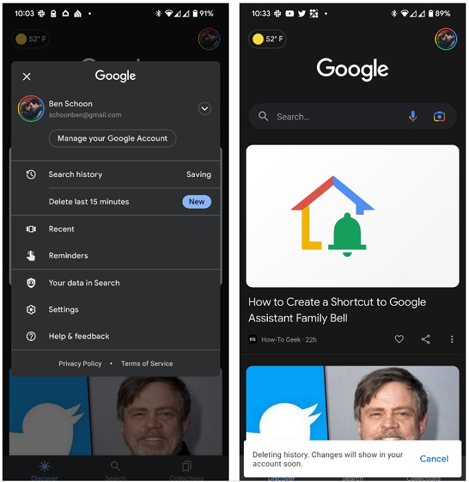 У пользователей Android появится возможность быстро стереть историю поисковых запросов за последние 15 минут
