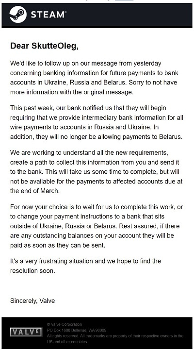 Valve объяснила приостановку выплат Steam-разработчикам из России, Белоруссии и Украины