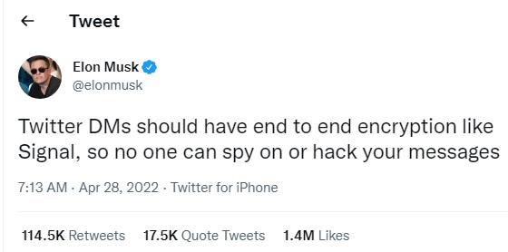 Илон Маск заявил о необходимости сквозного шифрования личных сообщений в Twitter