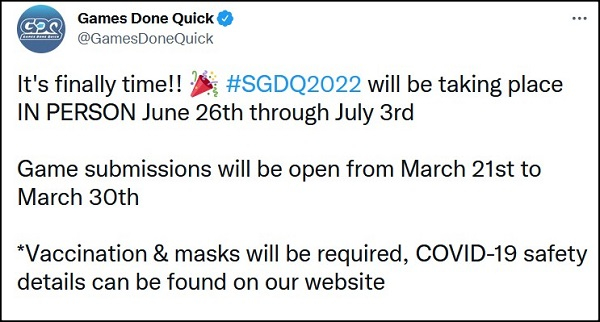 Следующий марафон спидраннеров Games Done Quick пройдёт в традиционном формате — впервые с 2020 года