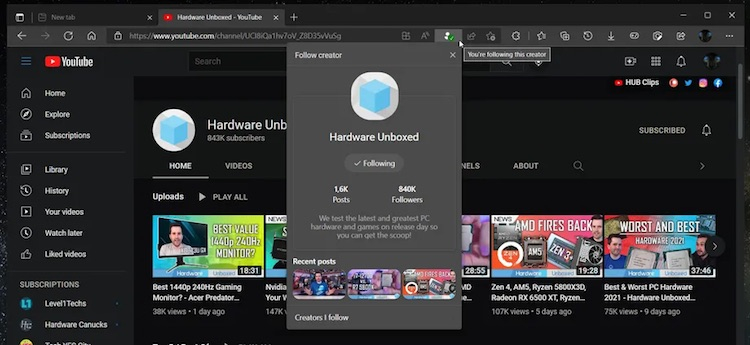 Microsoft Edge получил ленту, в которой покажет обновления любимых YouTube-каналов пользователя