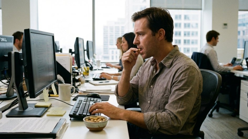 мужчина ест работает за компьютером офис